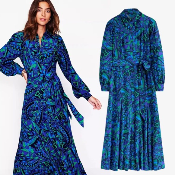 Boden Dresses & Skirts - Boden Martha Godet Maxi Shirt Dress 8 Blue Kaleidoscopic Paisley